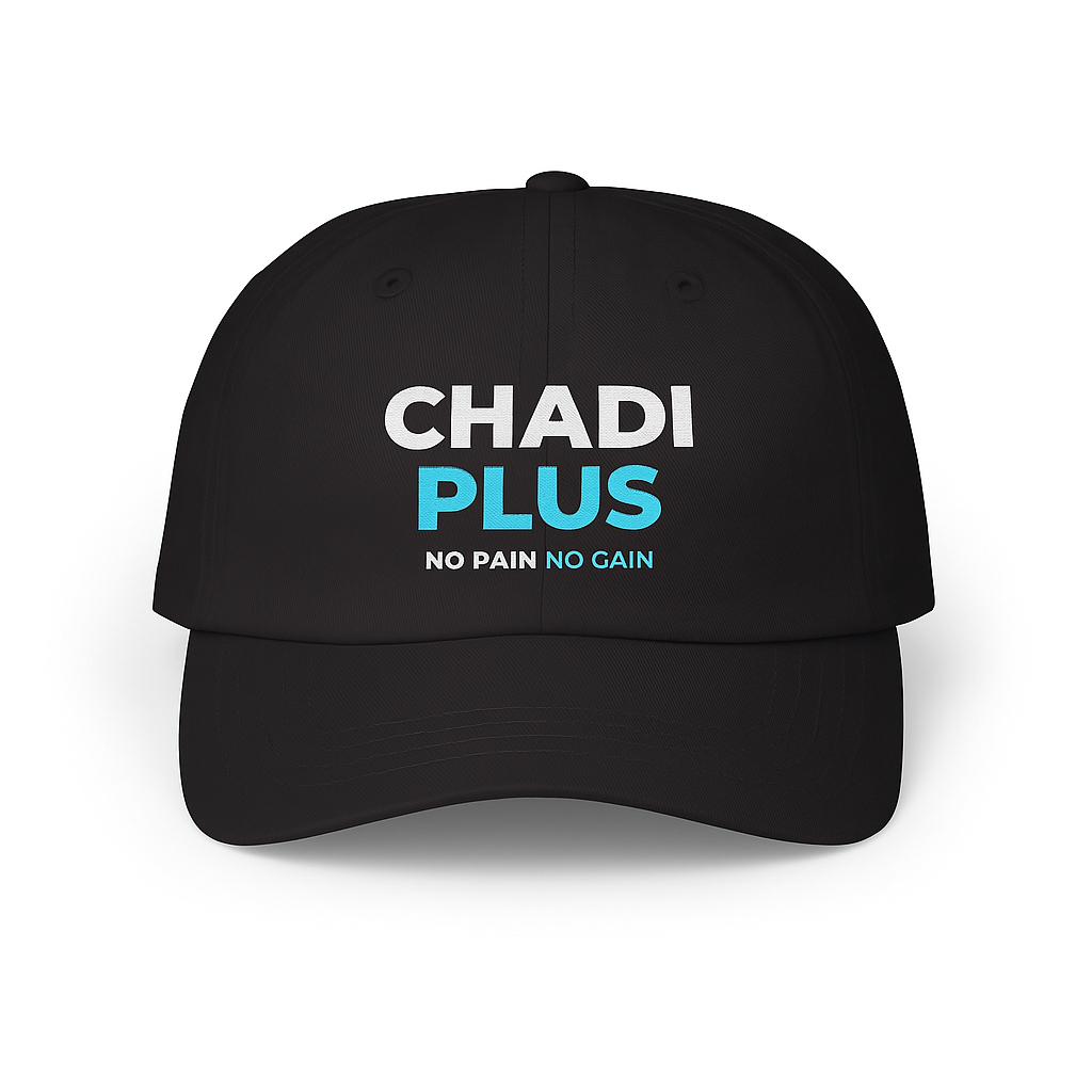 Black cap with 'CHADI PLUS NO PAIN NO GAIN' text on a white background
