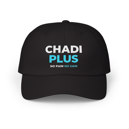 Black cap with 'CHADI PLUS NO PAIN NO GAIN' text on a white background