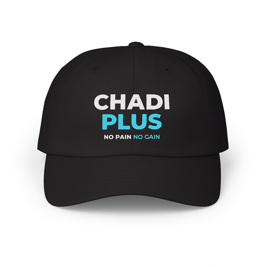 Black cap with 'CHADI PLUS NO PAIN NO GAIN' text on a white background