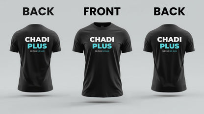 Black Chadiplus T-Shirt with “No Pain No Gain” print on front and back, displayed on gray background