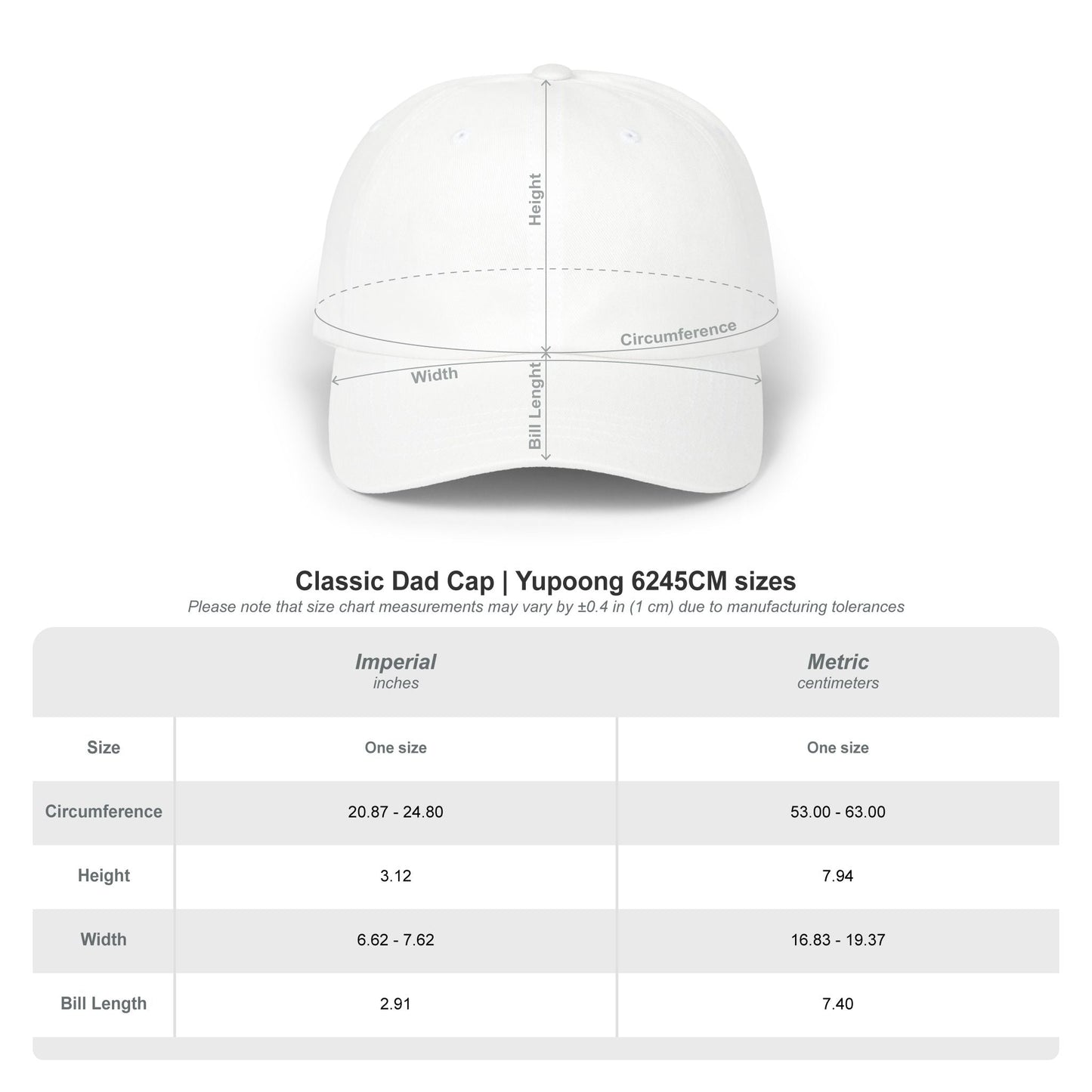 Chadiplus White cap with measurement chart on a white background