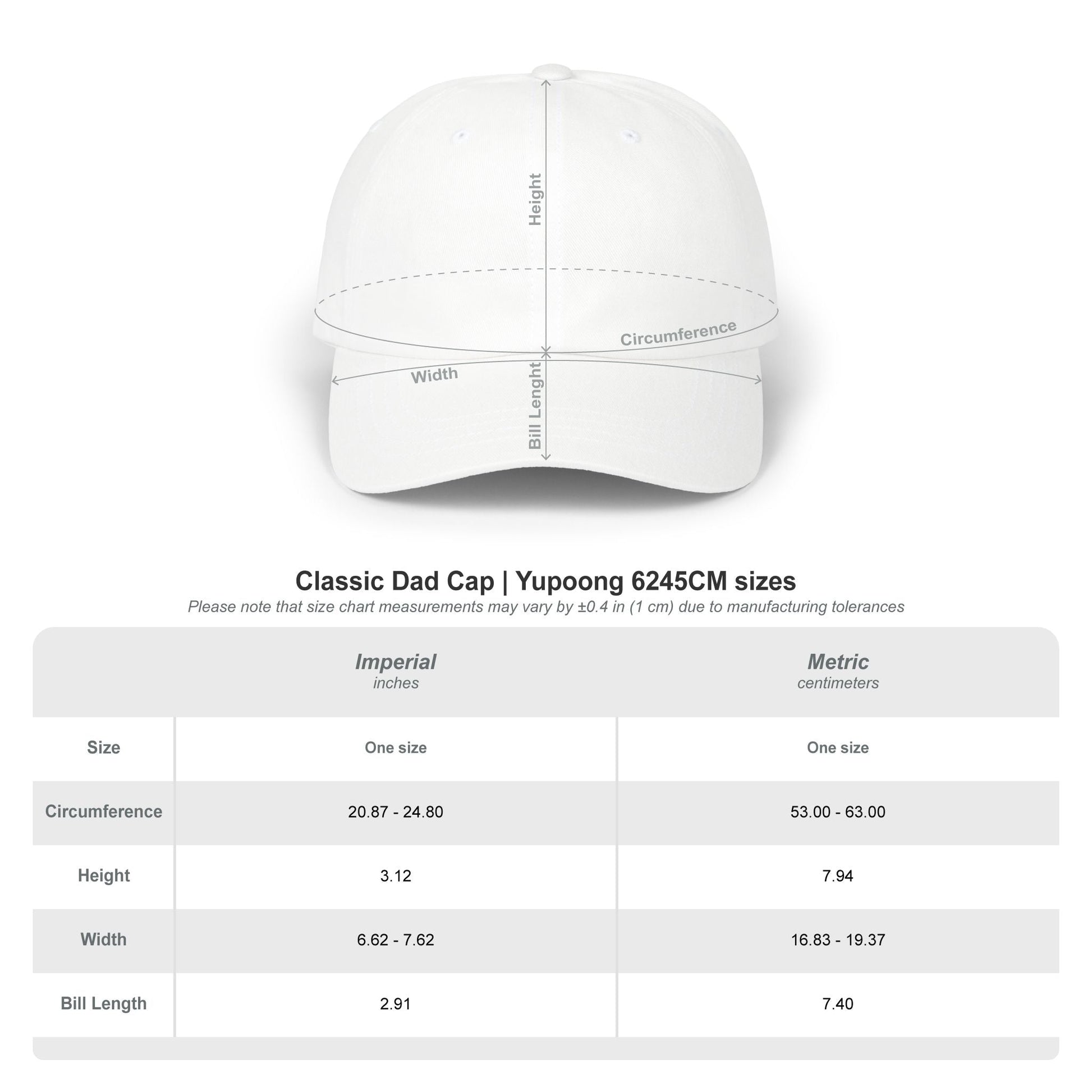 Chadiplus White cap with measurement chart on a white background