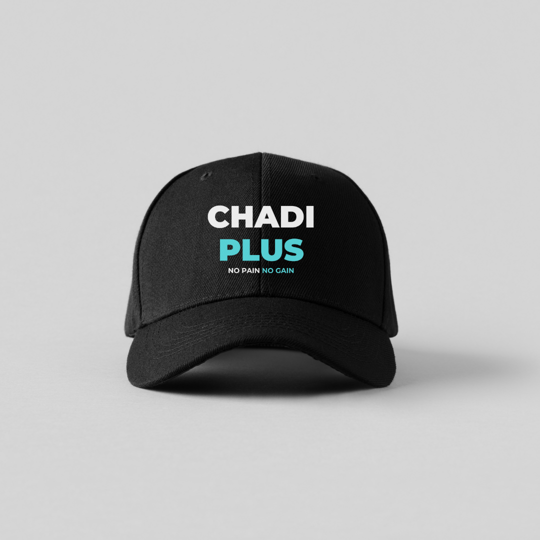 Black cap with 'CHADI PLUS NO PAIN NO GAIN' text on a gray background
