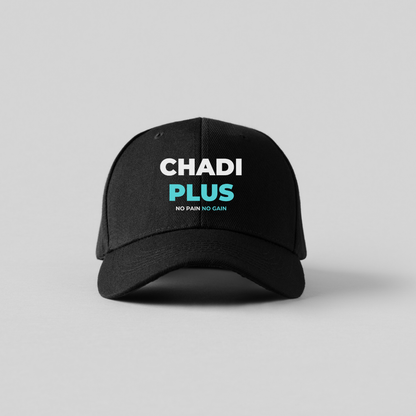 Black cap with 'CHADI PLUS NO PAIN NO GAIN' text on a gray background